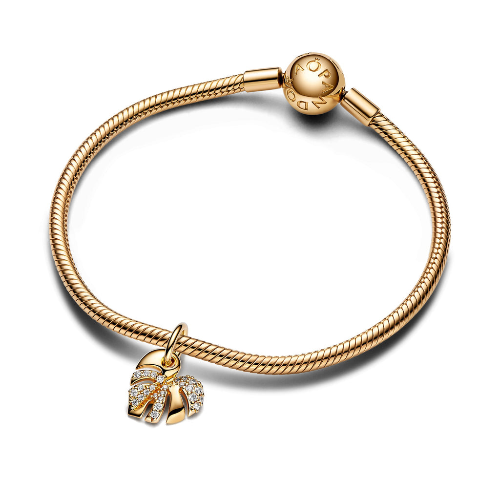PANDORA Sparkling Monstera Leaf Dangle Charm 14K Gold Plated Unique Metal Blend Clear Nature Charms Bracelet Charm Jewelry Gift