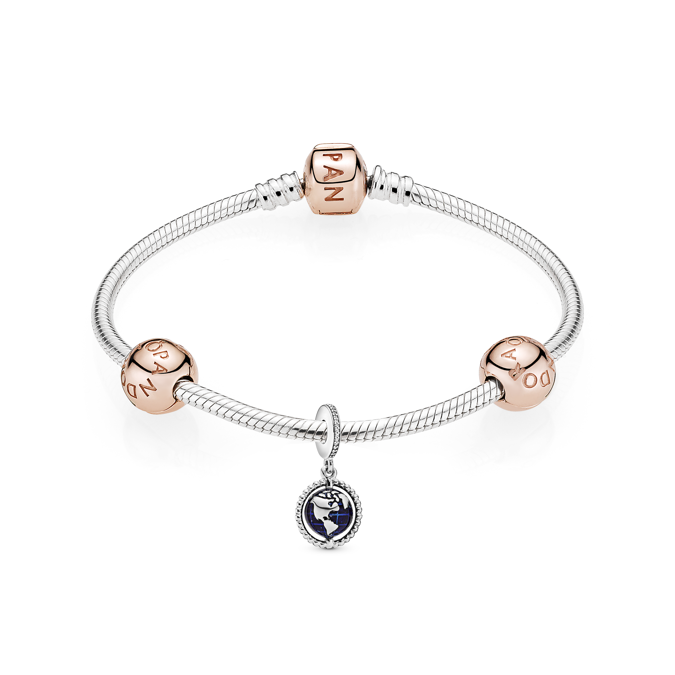 PANDORA Travel The World Bracelet And Charms Set 14K Rose Gold Plated Unique Metal Blend Online-Exclusive Bundle Sets Bracelet Charm Jewelry Gift