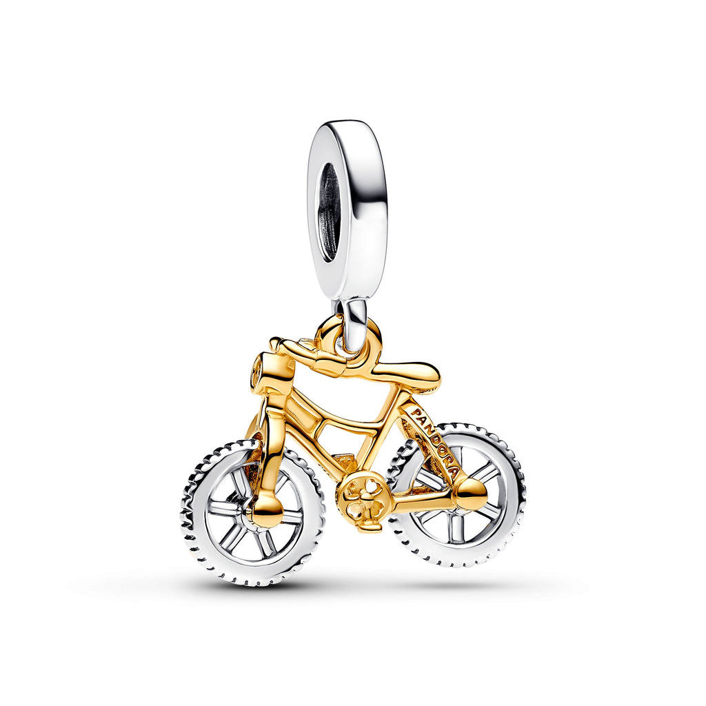 PANDORA Two-tone Spinning Wheels Bicycle Dangle Charm 14K Gold Plated Unique Metal Blend Clear Hobbies Charms Bracelet Charm Jewelry Gift