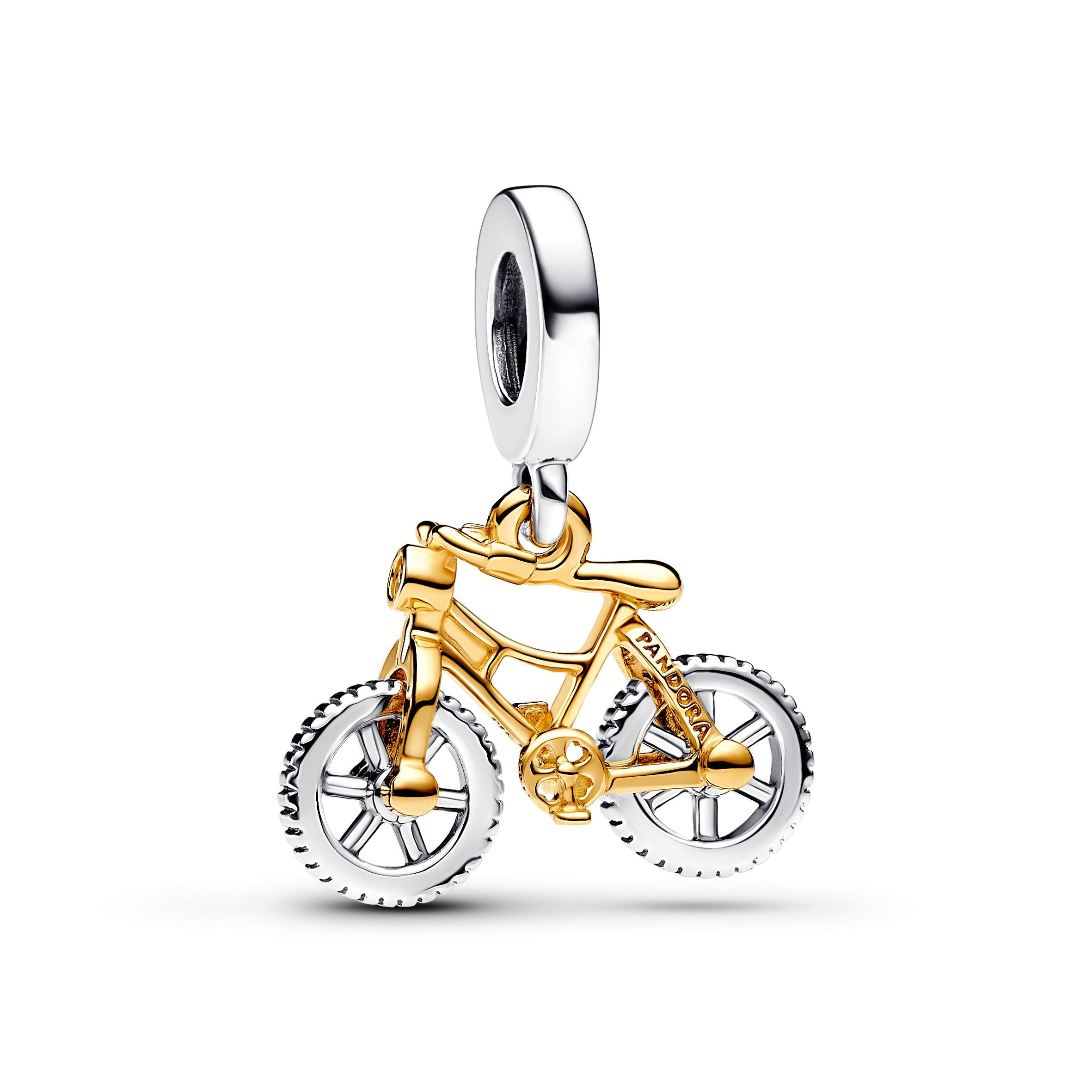 PANDORA Two-tone Spinning Wheels Bicycle Dangle Charm 14K Gold Plated Unique Metal Blend Clear Hobbies Charms Bracelet Charm Jewelry Gift