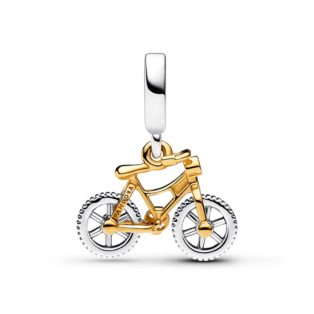 PANDORA Two-tone Spinning Wheels Bicycle Dangle Charm 14K Gold Plated Unique Metal Blend Clear Hobbies Charms Bracelet Charm Jewelry Gift