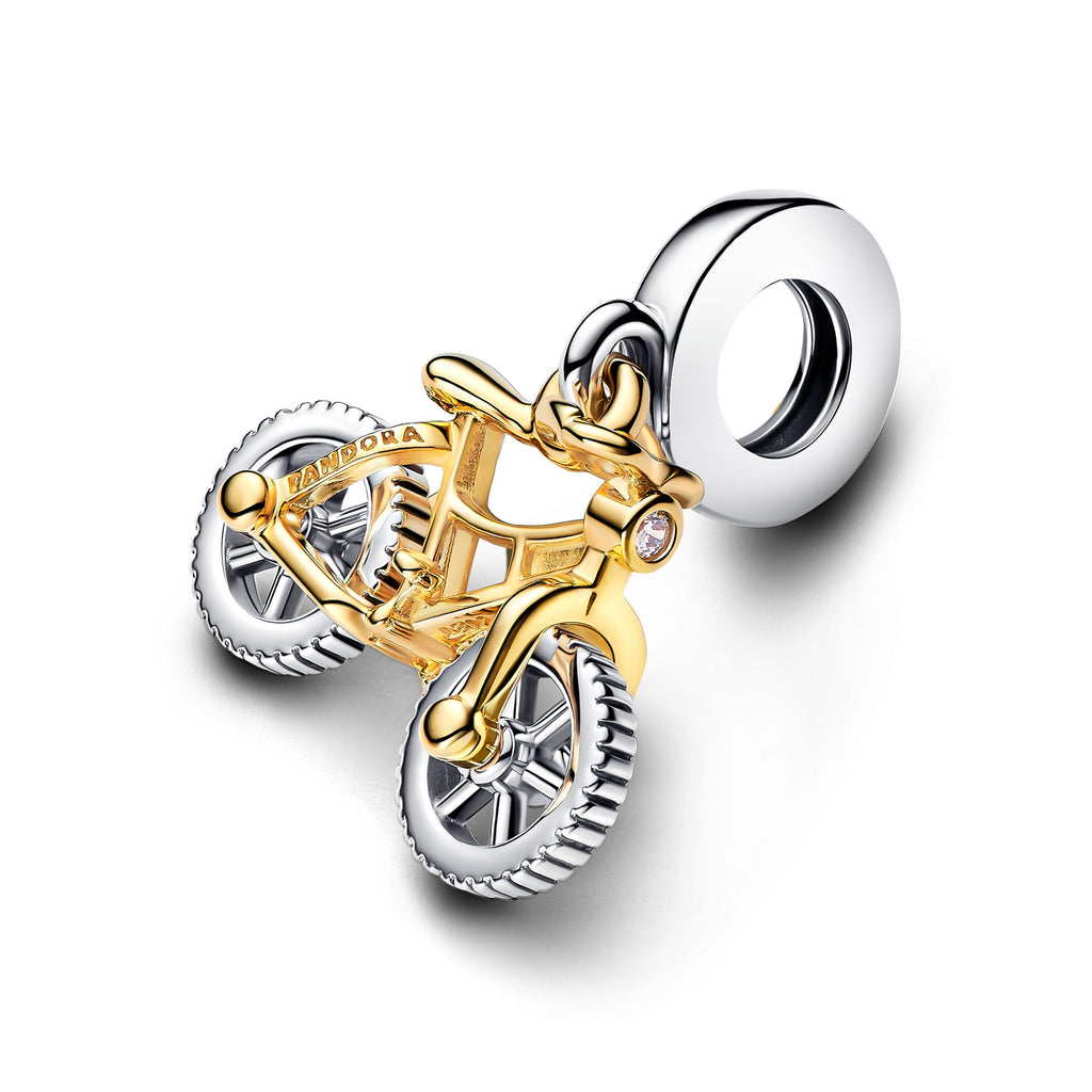 PANDORA Two-tone Spinning Wheels Bicycle Dangle Charm 14K Gold Plated Unique Metal Blend Clear Hobbies Charms Bracelet Charm Jewelry Gift