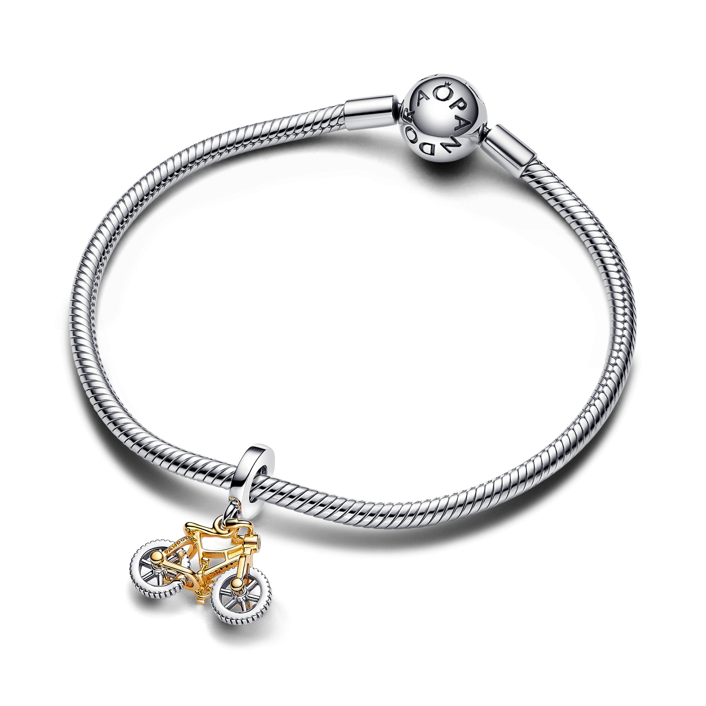 PANDORA Two-tone Spinning Wheels Bicycle Dangle Charm 14K Gold Plated Unique Metal Blend Clear Hobbies Charms Bracelet Charm Jewelry Gift